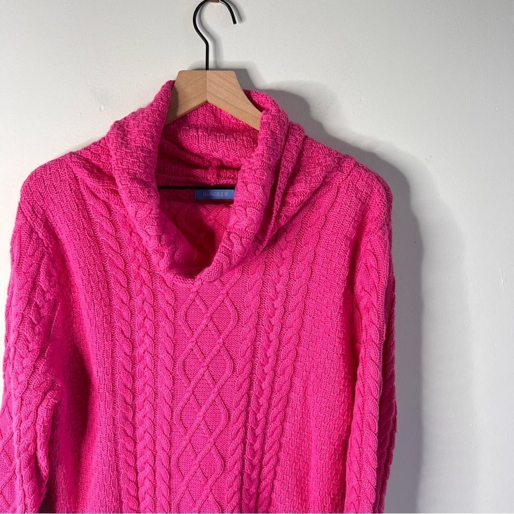 Burgess Cotton Cashmere blend Bright Pink Cable Knit TurtleNeck Sweater Medium